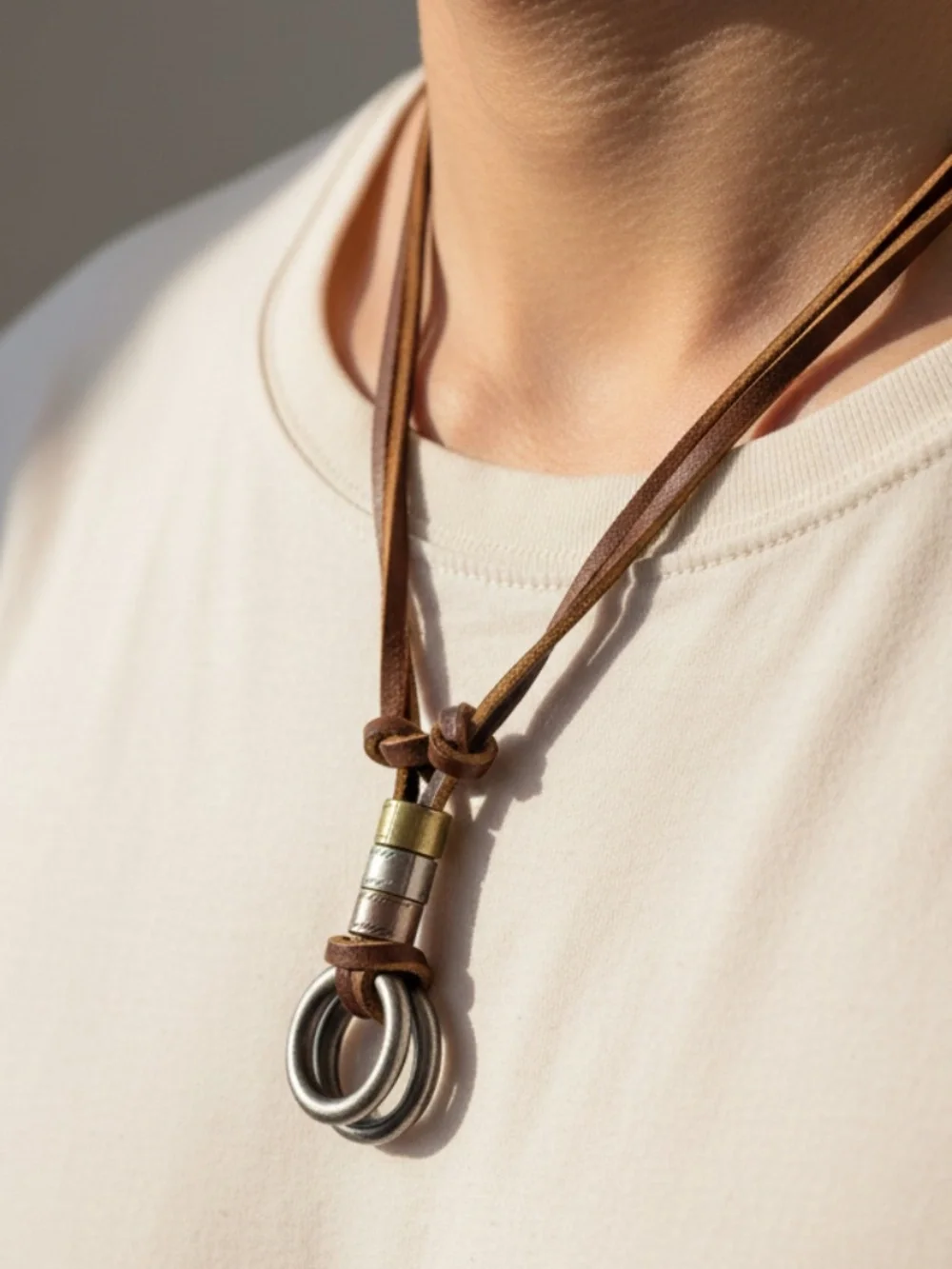 rown Leather Adjustable Pendant Necklace Double Steel Rings Fashion Jewelry‎